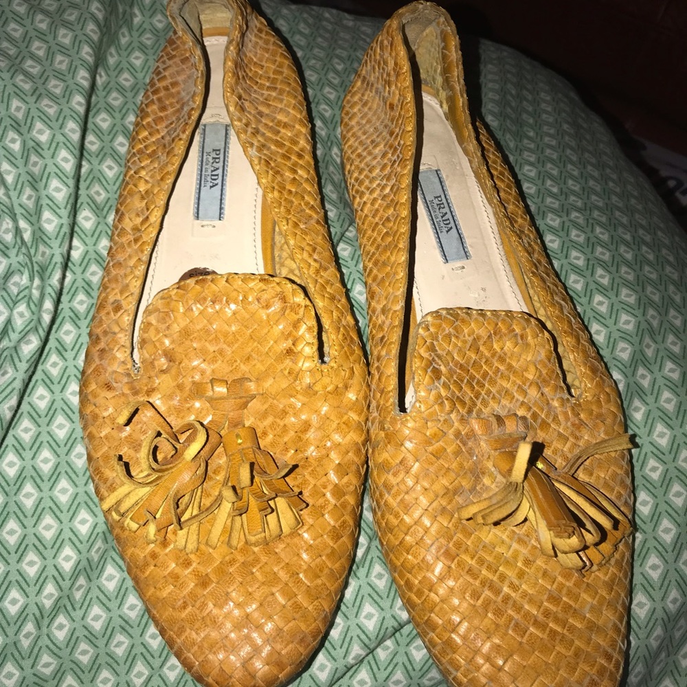 Prada yellow woven leather tassel loafers